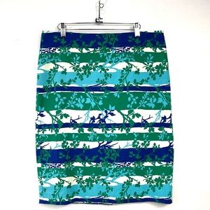 Talbots Blue Green All Over Leaf Print Stripe Pencil Skirt Size 14